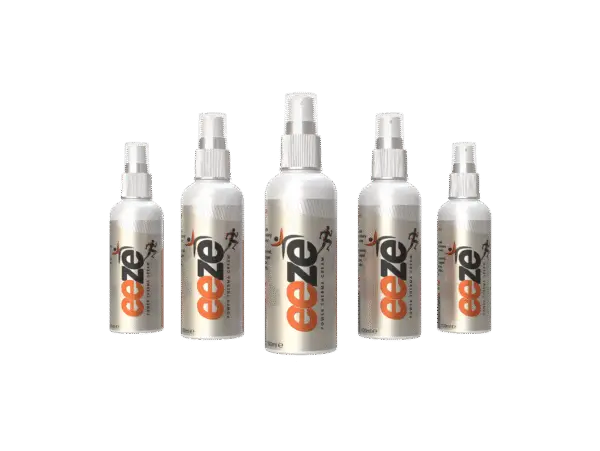 Line-up of five Eeze pain-relief spray bottles showing sleek hygienic design